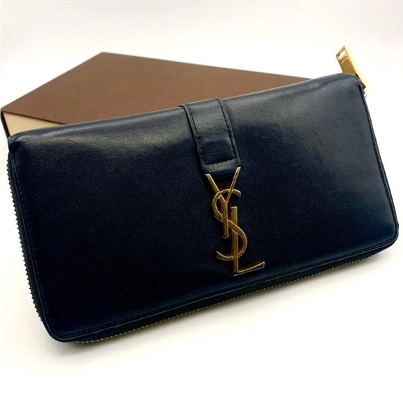 Yves Saint Laurent Black Leather Wallet with Gold Logo - Picture 1 of 10
